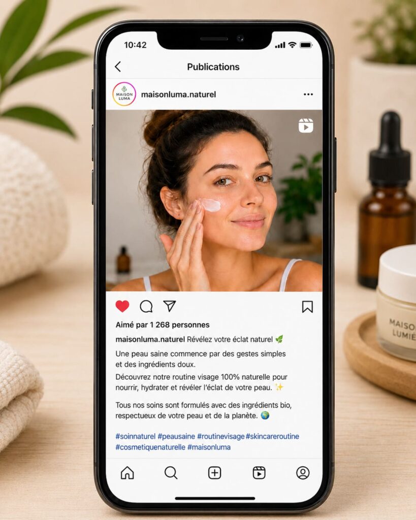 Exemple de publication Instagram avec hashtags pour augmenter la visibilité et générer du trafic vers un contenu.