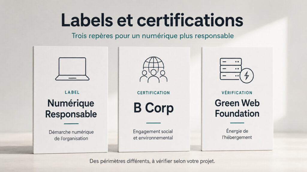 Trois repères du numérique responsable : le label Numérique Responsable, la certification B Corp et la vérification Green Web Foundation