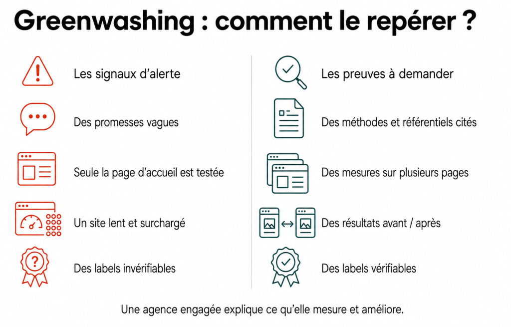 Infographie « Greenwashing : comment le repérer ? » opposant les signaux d'alerte (promesses vagues, labels invérifiables) aux preuves à demander (méthodes citées, mesures sur plusieurs pages, labels vérifiables)
