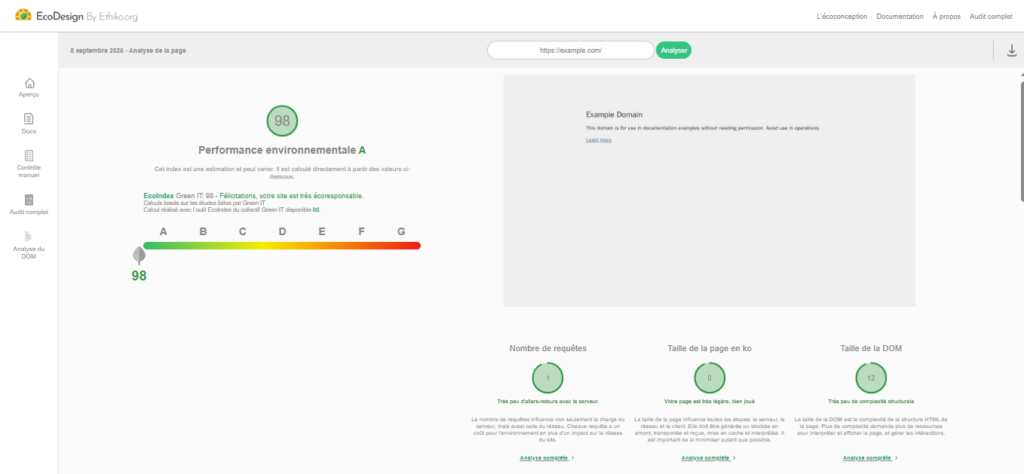 Interface de l'outil EcoDesign by Ethiko affichant une analyse d'écoconception avec un score de performance environnementale de 98 (note A)